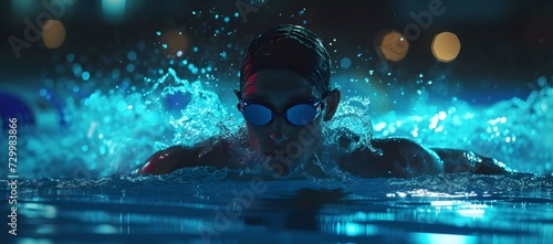 Professional swimmer dominates the pool at night. intense training session in cool blue waters. captivating action shot of athletic endeavor. AI photo