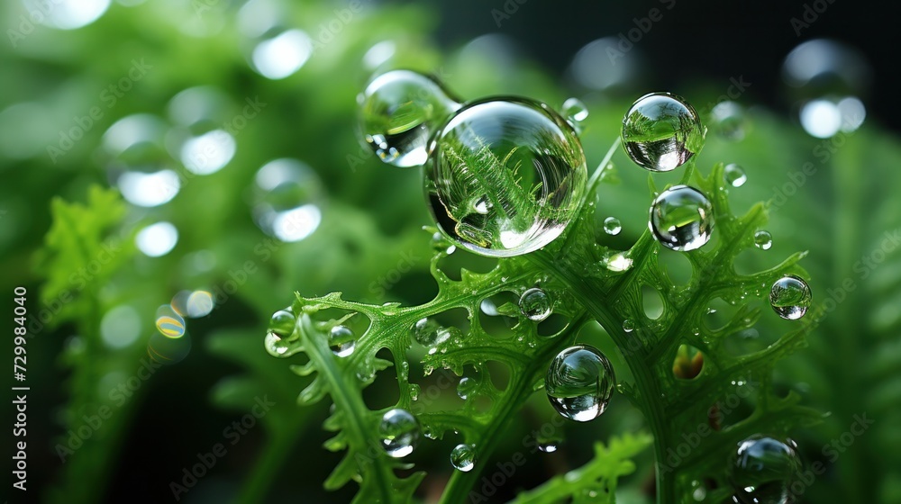 Small raindrops fall on the green leaves of ferns.