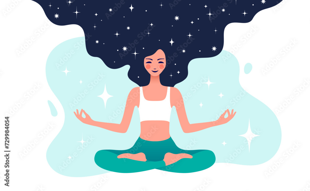 Woman in yoga meditation pose. Beautiful woman sitting in yoga lotus meditation pose, relax, breath on white background. Cute woman person, exercise, practicing yoga, lifestyle. Vector illustration Woman in yoga meditation pose. Beautiful woman sitting in yoga lotus meditation pose, relax, breath on white background. Cute woman person, exercise, practicing yoga, lifestyle. Vector illustration