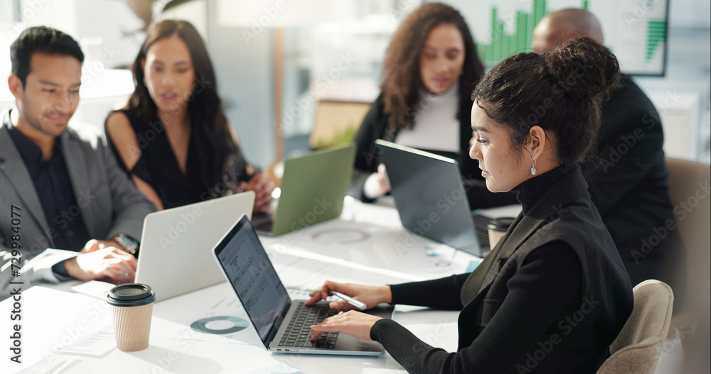 Woman at meeting in office with laptop, internet and review for business feedback, schedule or agenda. Networking, typing and businesswoman online for market research, report document and workshop. Woman at meeting in office with laptop, internet and review for business feedback, schedule or agenda. Networking, typing and businesswoman online for market research, report document and workshop.