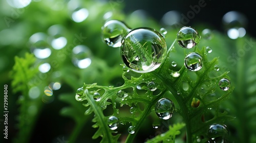 Small raindrops fall on the green leaves of ferns.
