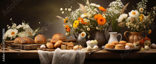 A table with bread eggs