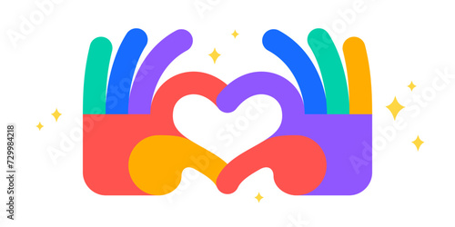 Hand sign Heart Love. Colorful Heart Love hands symbol gesture. Hands making sign shape heart by fingers. Greeting post card, poster, banner. Love emoji concept Valentine day. Vector Illustration