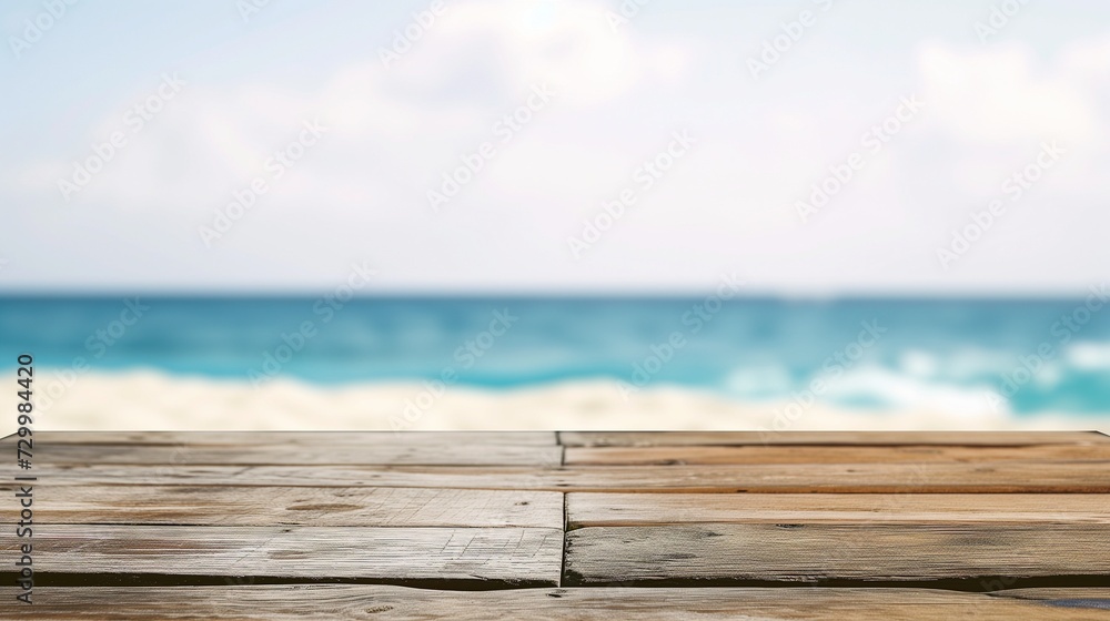 AI generated illustration of a rustic wooden table top with a blurred beach backdrop
