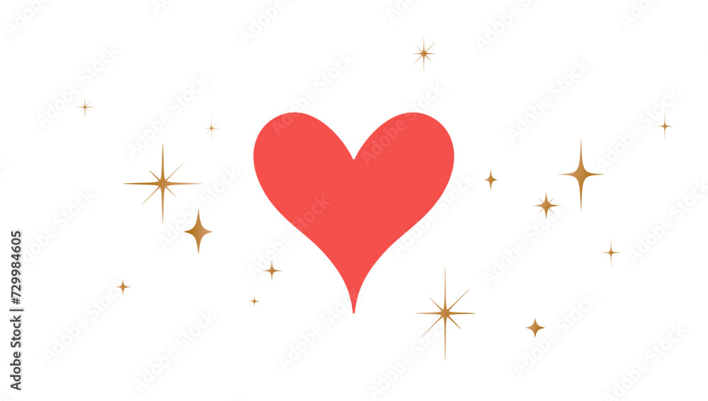 Heart sign, Love symbol with stars. Heart icon love with star, white background. Simple red heart love emoji symbol, graphic golden stars, Valentines day card, wedding card. Vector Illustration