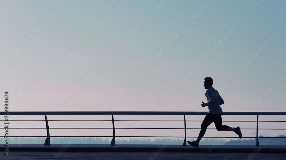 AI generated illustration of a silhouette of a runner on a bridge at dawn