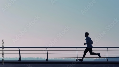 AI generated illustration of a silhouette of a runner on a bridge at dawn