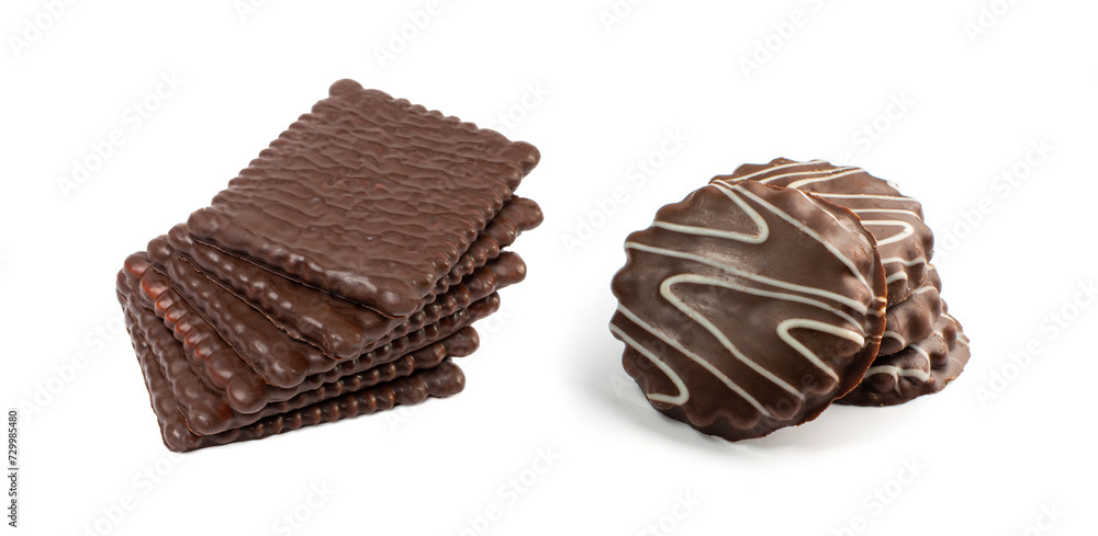 Biscuit Coated in Dark Chocolate Isolated, Square Cookies, Rectangular Shortbread, Crunchy Digestive Cookie Biscuit Coated in Dark Chocolate Isolated, Square Cookies, Rectangular Shortbread, Crunchy Digestive Cookie