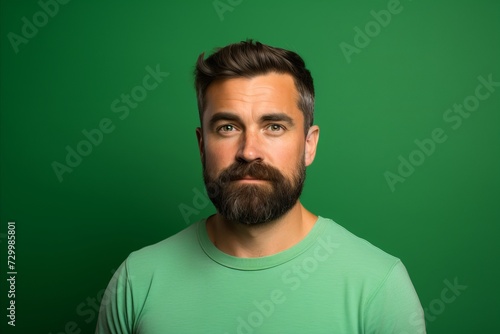 Man with beard and green shirt on a green background. Facial expression.