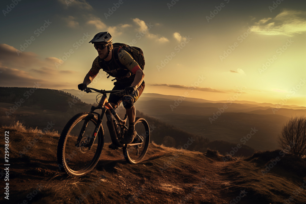 Sporty mountain biker on a mountain bike tour in the evening in the mountains (A.I.-generated)
