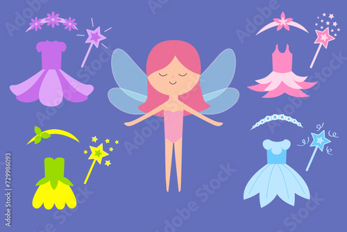 Fairy little princess with wings. Paper doll with different flower dress set. Hair decoration, magic wand. Cute cartoon kawaii funny magic character. Flat design. Violet background. Isolated.