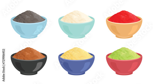 Powders of different colors in bowls. Set of various spices. Vector cartoon flat illustration.