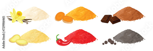 Spices and seasonings collection. Set of different powders. Vector cartoon flat illustration.