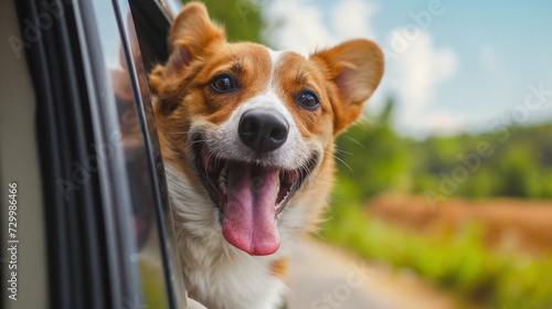 An Adorable Corgi Dog Enjoying a Car Ride with a Breezy View