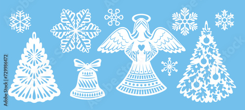 Christmas decorations template for laser cutting. Vector illustration of angel, Christmas tree and snowflakes. Festive decoration set.
