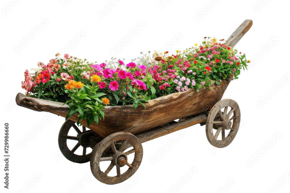 Wooden Wheelbarrow Flowers Isolated on Transparent Background