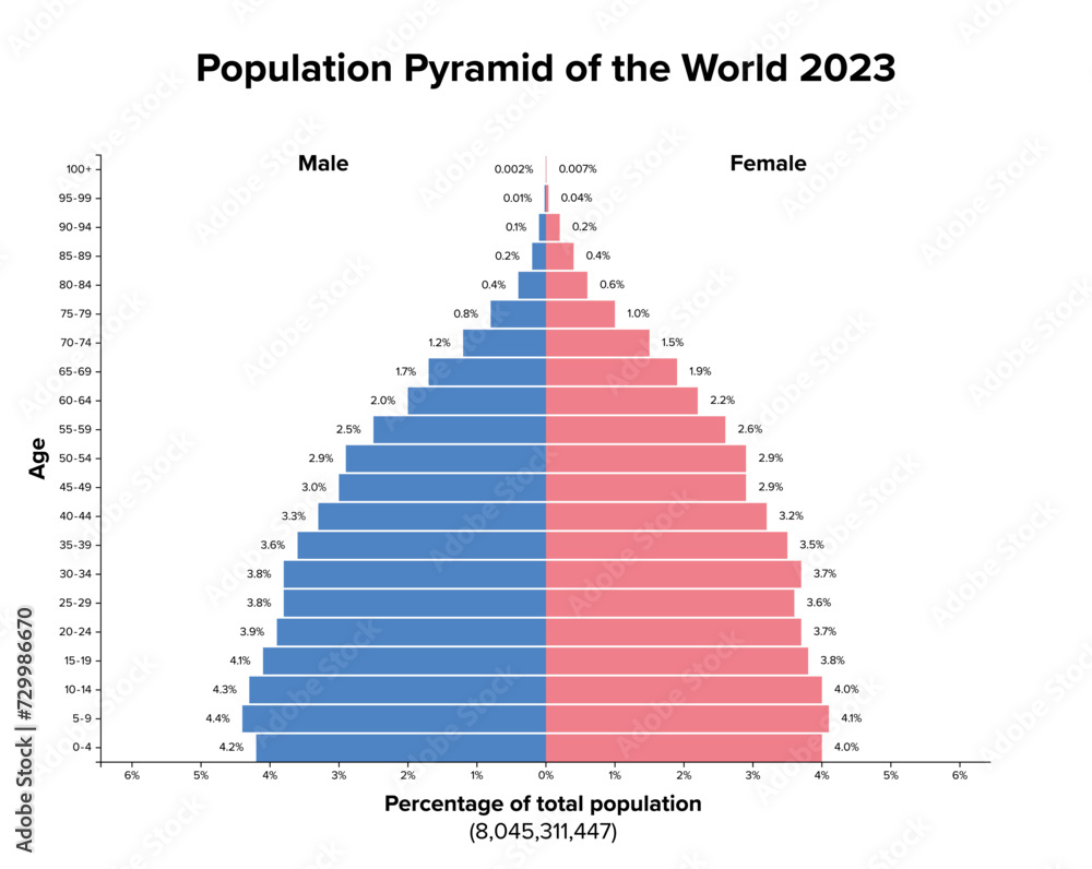 Population pyramid of the World 2023. Age structure diagram, and