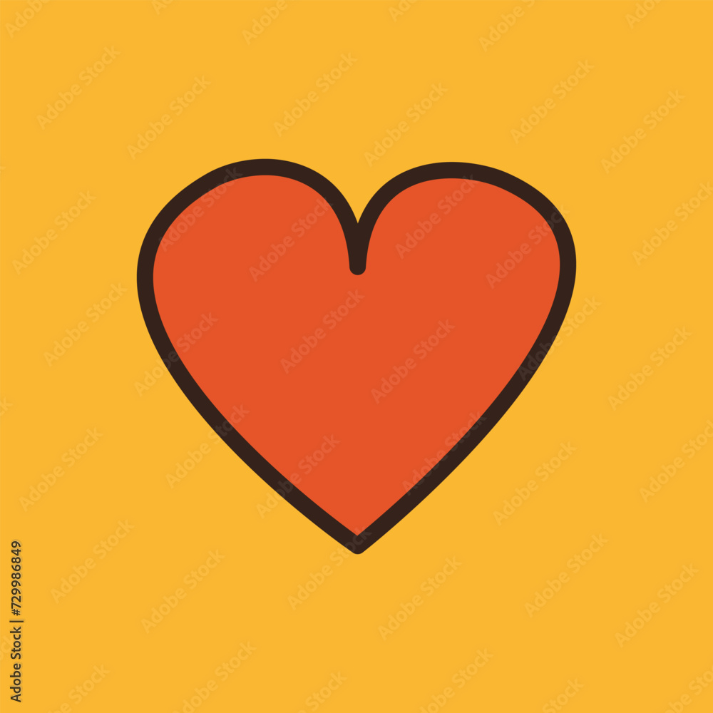 Cute heart. Groovy retro icon in 60s, 70s hippie style. Funny sign symbol. Patches, pins, stamps, stickers template print. Trendy psychedelic flat design. Happy Valentines day. Yellow background