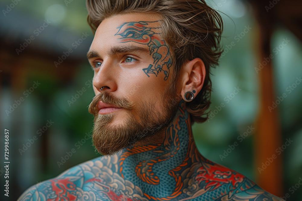 Man with neck tattoo of Chinese dragons white background