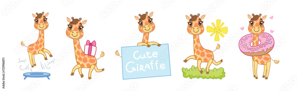 Fototapeta premium Cute Little Giraffe with Long Neck in Different Activity Vector Set