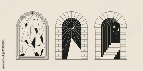 Boho frame arch vector illustration modern minimalistic retro aesthetic linear arc portal logo bohemian design element mystical geometric abstract border