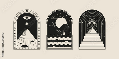 Boho frame arch vector illustration modern minimalistic retro aesthetic linear arc portal logo bohemian design element mystical geometric abstract border
