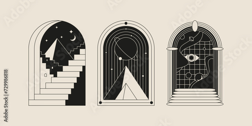 Boho frame arch vector illustration modern minimalistic retro aesthetic linear arc portal logo bohemian design element mystical geometric abstract border