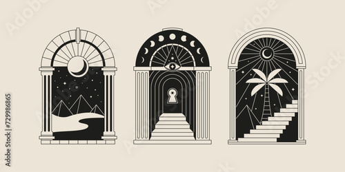 Boho frame arch vector illustration modern minimalistic retro aesthetic linear arc portal logo bohemian design element mystical geometric abstract border