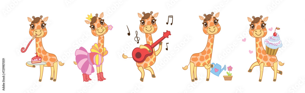Obraz premium Cute Little Giraffe with Long Neck in Different Activity Vector Set