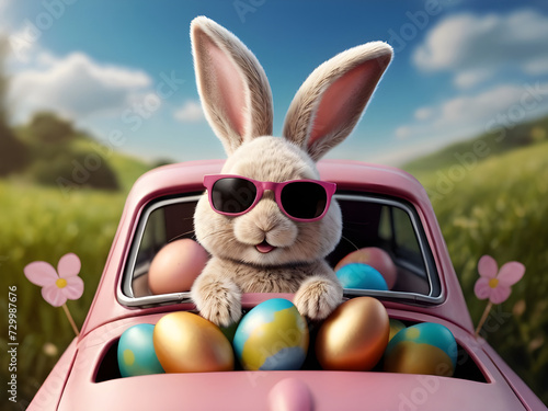 Easter bunny in a car delivering Easter eggs.