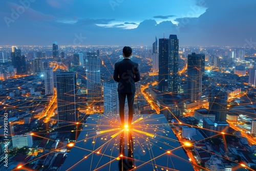 Standing on a platform, a businessman surveys a futuristic network, representing the forward-thinking approach of business technology and its interconnectedness photo