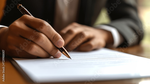 close-up of an elderly person's hands holding a pen, poised to sign a document.