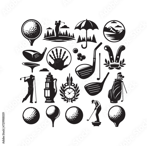 Golf player and icon silhouettes vector illustration set