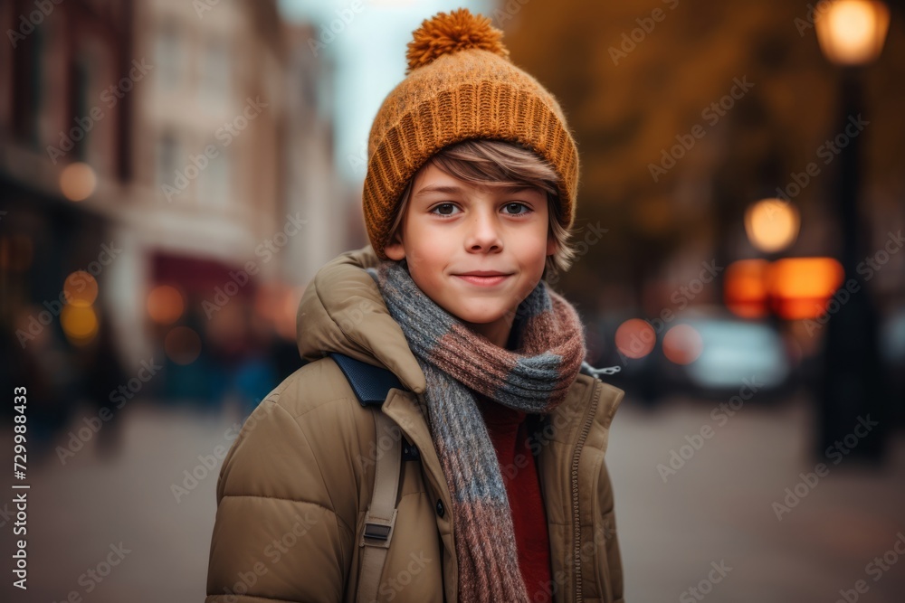 A portrait of a cute little boy in a warm winter hat and scarf on the street. A portrait of a cute little boy in a warm winter hat and scarf on the street.