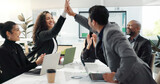 Business people, high five and meeting success, celebration and achievement of sales news, target or goals. Happy group applause, support and excited for bonus, winning or results on computer screen