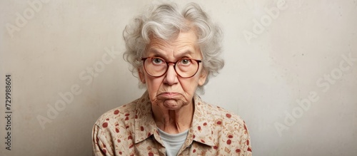 A frowning and upset older woman, wearing casual clothes and glasses, appears skeptical, nervous, and negative due to a problem. photo