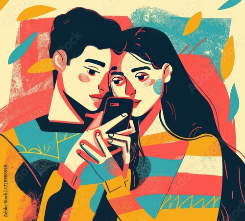 Colorful illustration of a couple of young people  students using phones