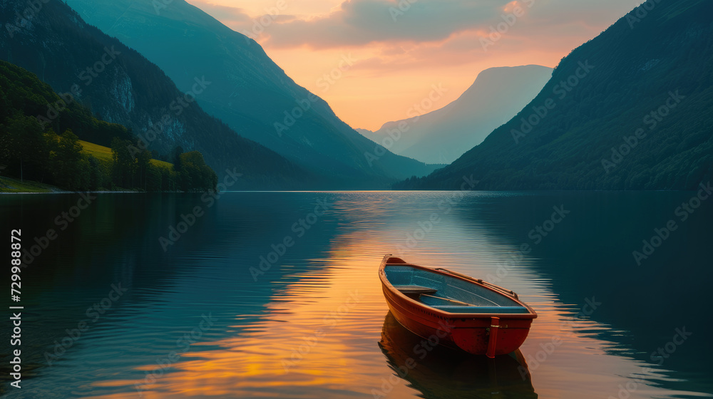 Boats on a calm lake with mountains in the background at dusk