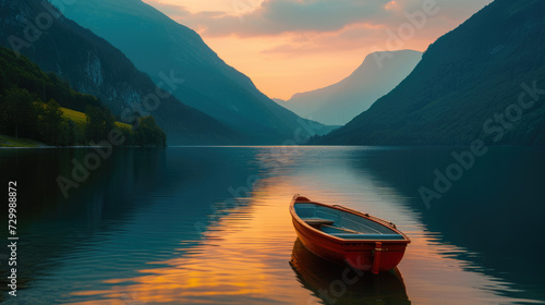 Boats on a calm lake with mountains in the background at dusk