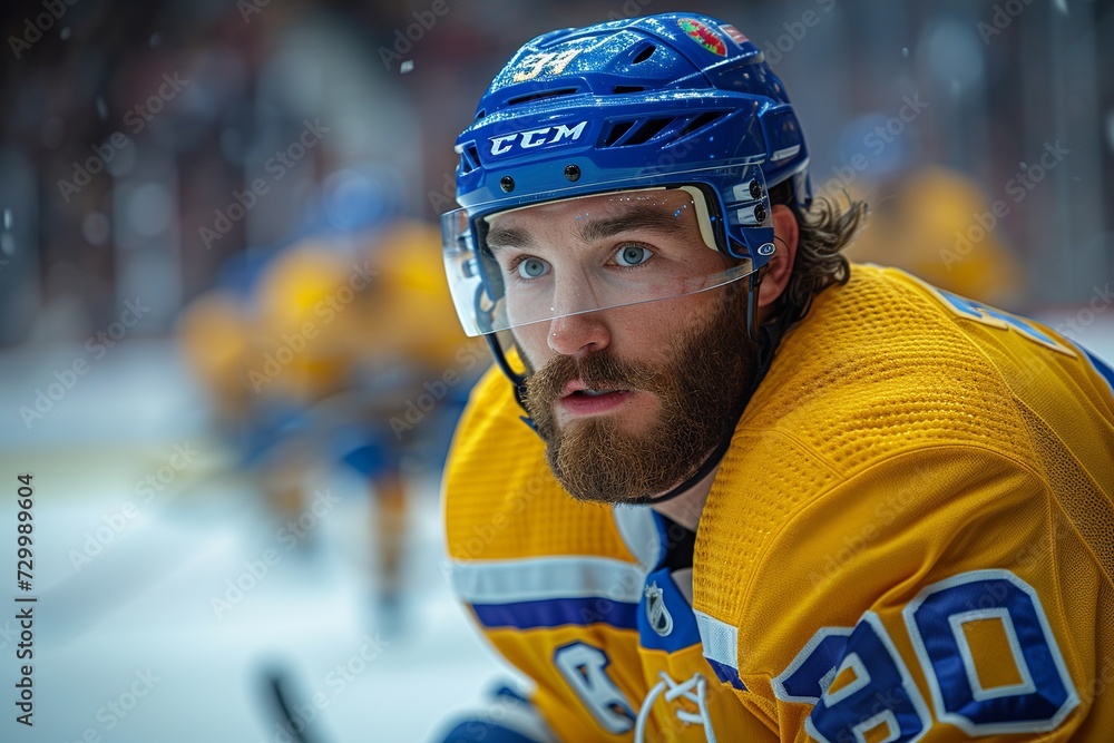 The face of a hockey player with a beard and mustache is in close-up on the right side of the frame. Yellow jersey and blue helmet. Place for the text on the left The face of a hockey player with a beard and mustache is in close-up on the right side of the frame. Yellow jersey and blue helmet. Place for the text on the left