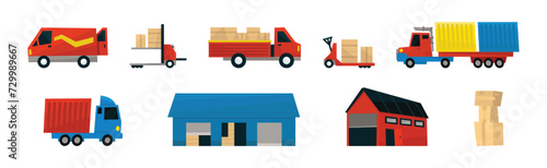 Warehouse and Logistic Service with Building, Truck and Cardboard Box Vector Set