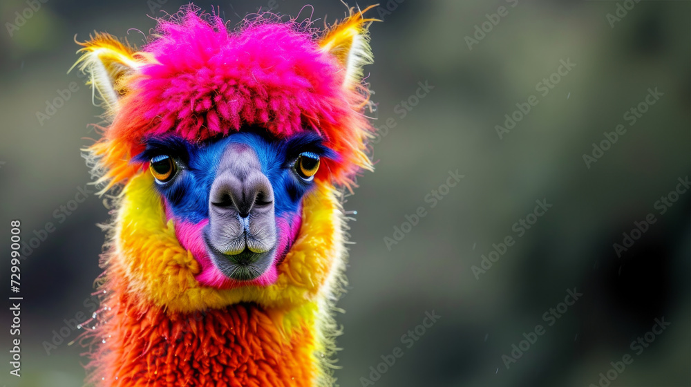 Fototapeta premium Colored alpaca. Painted animals with colored in their hair and black background. art paints Multi colored colorful on skin body and scales paint. Cute animals concept