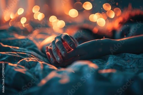 Embrace of Love: In the spotlight are hands held tightly, as a couple in love celebrates their connection while sleeping embraced, highlighting the passion and desire that define their intimate moment photo