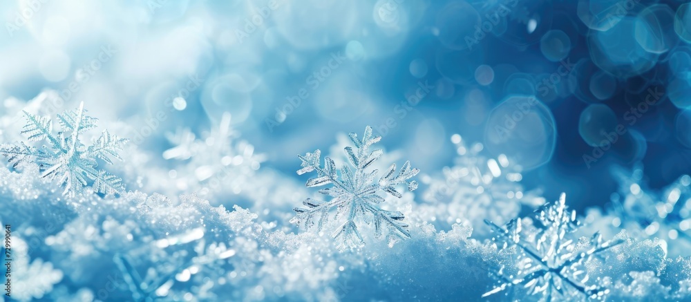 Winter background featuring real snowflakes in cold blue tones. Winter background featuring real snowflakes in cold blue tones.
