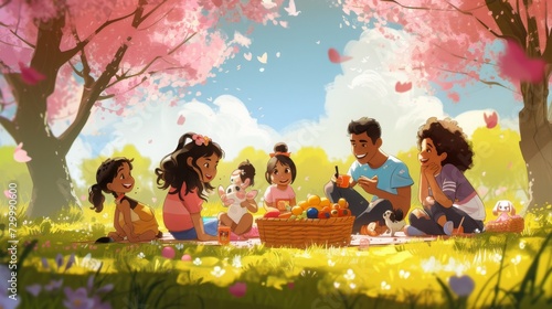 Family picnic under blossoming cherry trees. © Irina