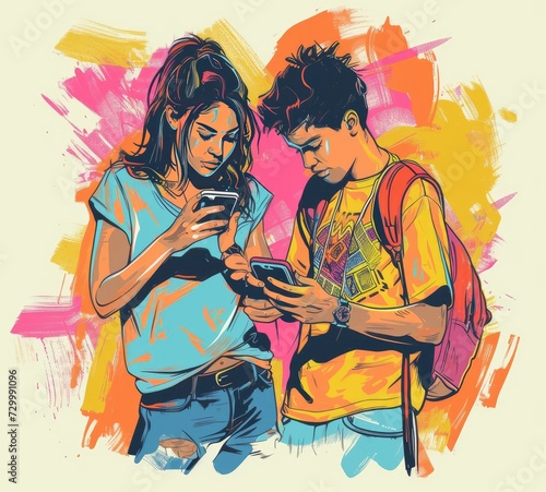 Colorful illustration of a couple of young people  students using phones