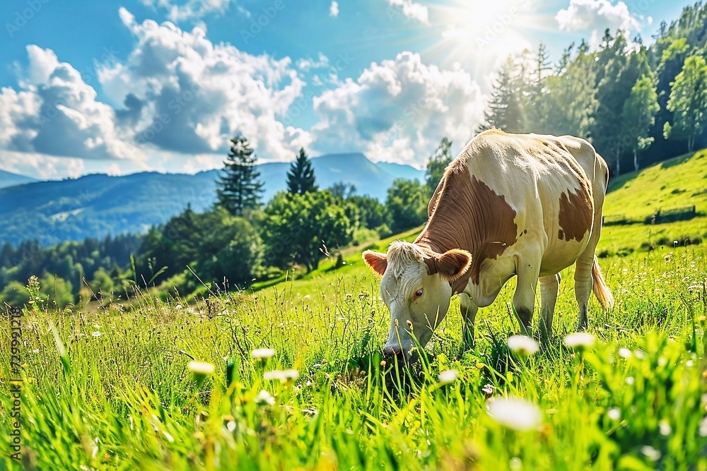 Cow on a green meadow in the mountains. Sunny summer day. Cow on a green meadow in the mountains. Sunny summer day.