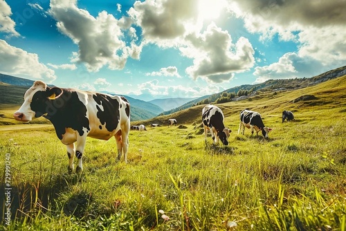 Cows grazing on green meadow in mountains under blue sky with clouds