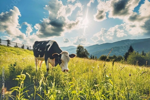 Black and white cow grazing on meadow in Carpathian mountains photo