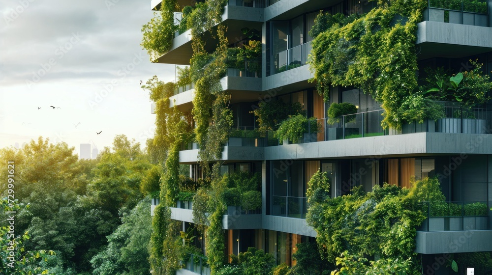 Modern and eco-friendly skyscrapers with many trees on each balcony. Modern architecture, vertical gardens, terraces with plants Modern and eco-friendly skyscrapers with many trees on each balcony. Modern architecture, vertical gardens, terraces with plants